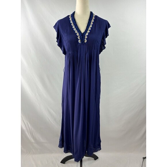 Poupette St Barth Maxi Dress Navy Blue XS Fringe Puka Shell Accents - Picture 2 of 16